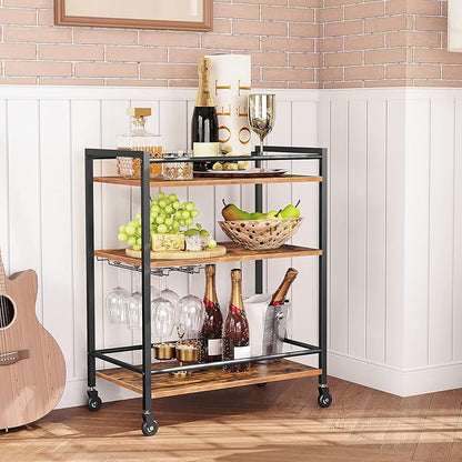 HOOBRO Bar Cart for The Home, Serving Cart with Wine Glass Hooks, Rolling Kitchen Cart with Lockable Wheels, 25.2 x 15.7 x 33.3 Inches Beverage Cart with Storage Shelves, Rustic Brown BF02TC01