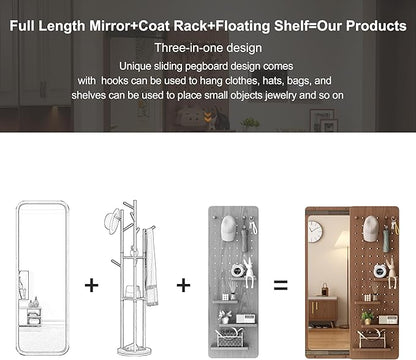 KungFuWood Full Length Mirror with Shelf and Hooks,Entry Way Mirrors for Wall,Wall Mirror with Shelf,Wall Mirror with Storage Multifunctional Design Panel,Living Room