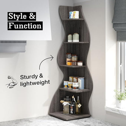 Tribesigns Corner Shelf, Modern 5-Tier Wall Corner Bookshelf, Stylish Corner Small Bookcase Storage Rack Plant Stand with Unique Shape for Living Room, Home Office