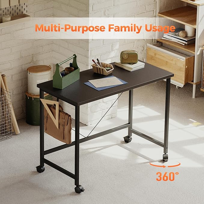 Rolling Computer Desk with Wheels, Gaming Desk for Small Spaces, Modern Simple Style Table for Home Office, Study Writing Table (Caster, Black, 32 inch)