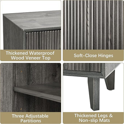 Fluted Cabinet with Storage, Buffet Storage with 4 Doors, Buffet Sideborad Accent Cabinet with Adjustable Shelves for Living Room, Kitchen, Entry, Hallway, Black&Grey