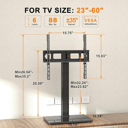 Universal Swivel TV Stand Base Table Top TV Stand for 23-60 Inch TVs 70 Degree Swivel, 6 Height Adjustable Monitor Mount Stand, Max VESA 400x400mm,Holds up to 88lbs TS206