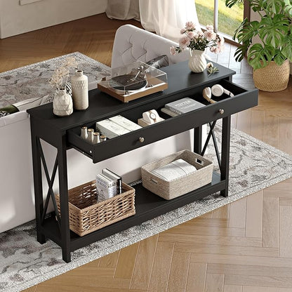 Treocho 47" Farmhouse Console Table with Drawer and Storage Shelves, Foyer Sofa Table Narrow for Entryway, Living Room, Hallway, Black