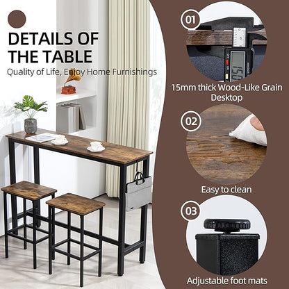 Finnhomy 52.7" Industrial Bar Table Set with 2 Stools - Counter Height Dining & Pub Table for Small Spaces, Kitchen, Apartment, Breakfast Nook - Metal & Wood, Space-Saving Furniture - Rustic Brown
