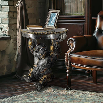 Steampunk Gorilla Side Table Pedestal End Table Stool Resin Cyborg Monkey Sci-fi Statue Sculpture Hand Painted Collectible Figurine with Cool Gear for Home Man Cave Decor Silver