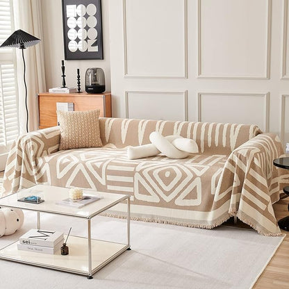 STACYPIK Boho Couch Cover, Khaki Sofa Cover for Dogs, Tassels Loveseat Cover for Sectional, L-Shape Protector for 3 Cushion Couch, Washable Chenille Slipcover, Multi-Use Decorative Blanket-71X134IN