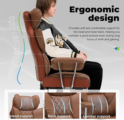 COMHOMA Big and Tall Office Chair, High Back Leather Gaming Chair with Footrest, Executive Ergonomic Office Chairs with Pocket Spring Lumbar Support and with Outward Fixed Soft Armrests