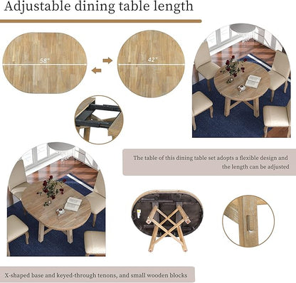Merax 5-Piece Farmhouse Dining Furniture Set, Wooden Round Extendable Table, and 4 Upholstered Chairs, Natural Wood Wash