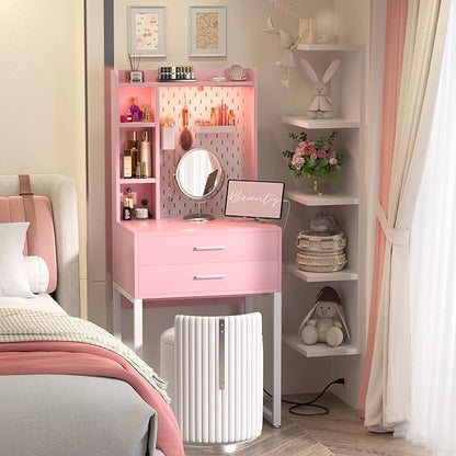 Small Vanity Desk with Hutch and Drawers, Pink Makeup Vanity Desk with Outlets, Vanity Table Dressing Table with LED Lights, Vanity Desks No Mirror with Pegboard for Girls Women, 24"