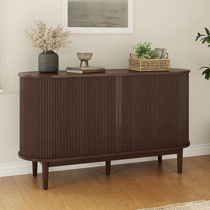 LINSY HOME Sideboard Buffet Cabinet with Storage, 55" Fluted Coffee Bar Cabinet with Tambour Sliding Doors and Drawer, Mid Century Modern Wood Storage Buffet Table for Kitchen, Vintage Walnut