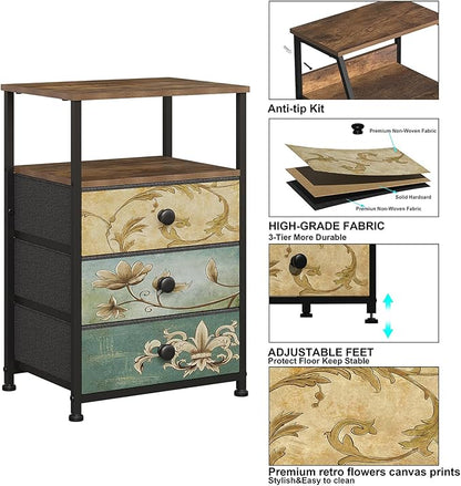 Tohomeor Nightstand with 3 Fabric Drawers Retro End Table with Storage Shelf Vintage Side Table for Bedroom Living Room Sofa Beside Farmhouse