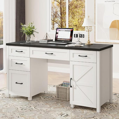 Farmhouse 61'' Executive Desk with 5 Drawers, Rustic Office Desk Computer Desk with Charging Station, File Drawers and Storage Cabinet, Wood Workstation for Home Office and Study.(Black Top)