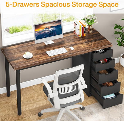 Tribesigns Computer Desk with 5 Drawers, 47 inches Rustic Brown Home Office Desk with Storage, Modern Simple Laptop Desk Study Writing Table for Small Spaces (1, Brown+Black)
