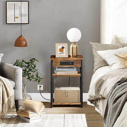 TUTOTAK End Table with Charging Station, Nightstand, 3-Tier Couch Side Table with USB Ports and Outlets, Bedside Table for Small Space, Living Room TB01BB026