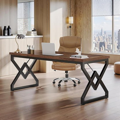 Tribesigns 63-inch Executive Desk, Large Office Computer Desk with Extra Thick Wooden Tabletop and Metal Frame, Modern Simple Workstation Writing Table Study Desk for Home Office, Vintage Brown
