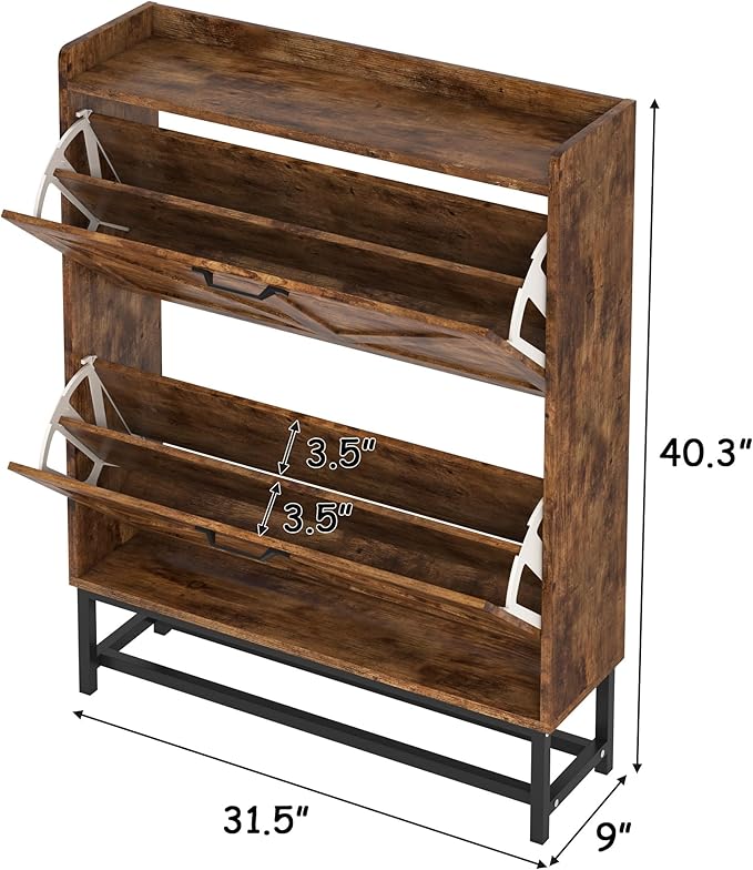 JSB Shoe Cabinet with 2 Flip Drawers, Freestanding Storage Organizer Shelf with Metal Legs, Narrow Shoe Rack Cabinet for Entryway (Rustic Brown, 2-Drawers)