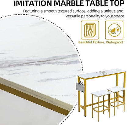 Finnhomy 52.7" Industrial Bar Table Set with 2 Stools - Counter Height Dining & Pub Table for Small Spaces, Kitchen, Apartment, Nook - Metal & Wood, Space-Saving Furniture - White Marble and Gold