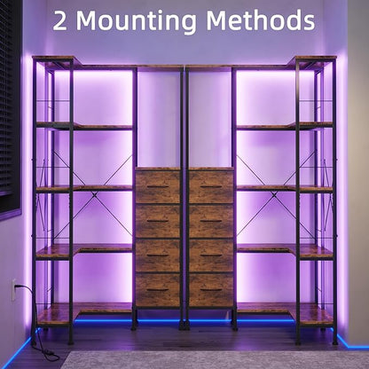 Corner Bookshelf with LED Light Strips & 4 Fabric Drawers, 5-Tier Convertible Corner Shelf with Display Shelf, Large Wood Industrial Bookcase for Living Room, Bedroom, Home Office, Rustic Brown