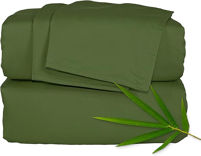 Queen Sheets by Pure Bamboo, Genuine 100% Organic Viscose Derived from Bamboo Bed Sheet Set, Luxuriously Soft & Cooling, Double Stitching, Lifetime Quality Promise (Queen, Pesto)