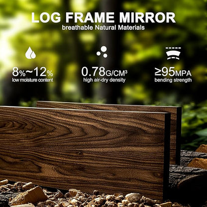 28x20 Inch Handcrafted Solid Wood Square Wall Mirror with Geometric Wood Inlay Design, Rustic Natural Texture for Bathroom, Bedroom, Living Room Decor