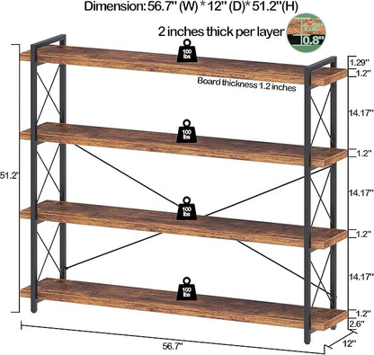HCHQHS Large Bookshelf, 4-Tier Long Industrial Bookcase, Rustic Brown Book Shelf, Freestanding Horizontal Bookshelves with Metal Frame