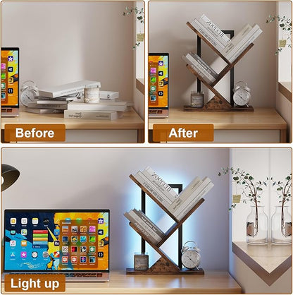 Tree Bookshelf with LED Lights, 3 Tier Floor Standing Bookcase, Classical Corner Shelf Kids Bookshelf, Tall Wood Book Storage for Bedroom, Living Room, Home Office, Brown