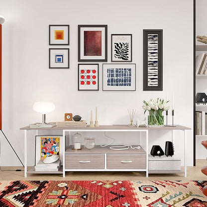 TQVAI 70 Inch TV Stand - Farmhouse Entertainment Center with Fabric Drawers Storage & Charging Station, Media Console Table for Bedroom, Living Room, Retro Grey/White