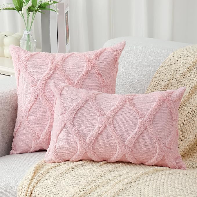 decorUhome Throw Pillow Covers 24x24 Inch Set of 2, Soft Plush Faux Fur Wool Light Pink Couch Pillow Covers, Decorative Neutral Pillow Cases for Bed Sofa Living Room Home Decor