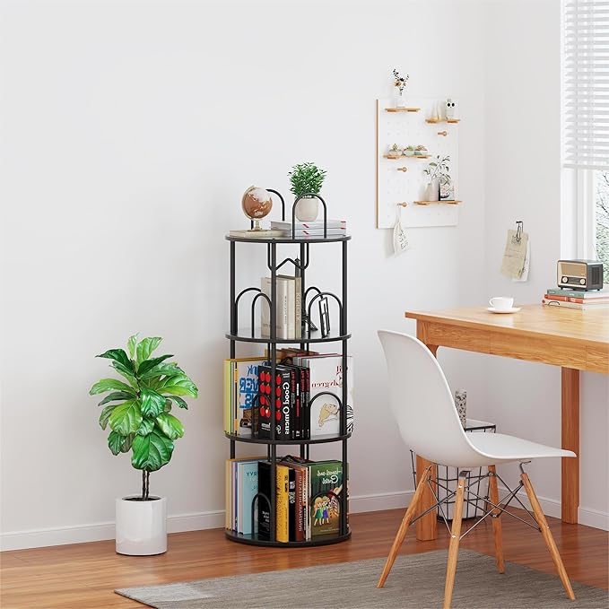 3 Tier Rotating Bookshelf, 360° Spinning Bookshelf Tower, Round Narrow Space Saving for Books and Display, Revolving Bookcase Corner Tall Book Shelf for Small Spaces, Bedroom, Living Room, Black+Black