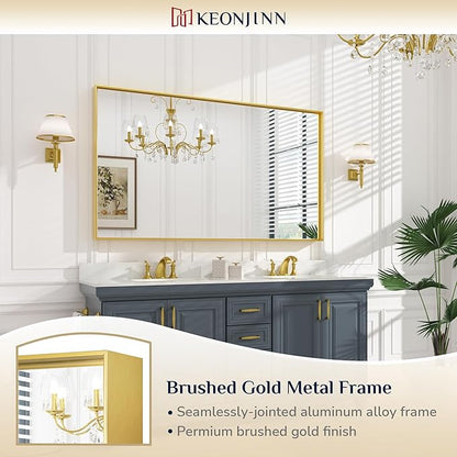 Keonjinn Gold 60 x 36 Inch Brushed Gold Metal Framed Rectangular Wall Mirror