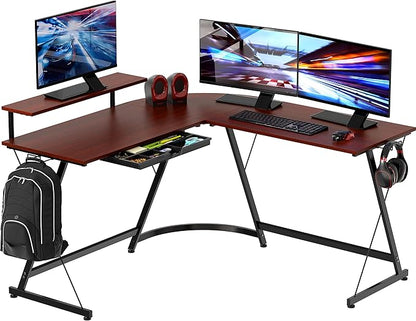 SHW 51 x 51 Inches Vista L-Shaped Desk with Monitor Stand and Drawer, Cherry