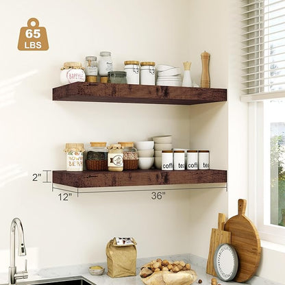 12" Deep Rustic Brown Floating Shelves,Over Toilet Long Wall Mounted Modern Farmhouse 36 inches,Wall Shelves with Invisible Brackets for Bedroom, Bathroom, Living Room, Kitchen, Set of 1