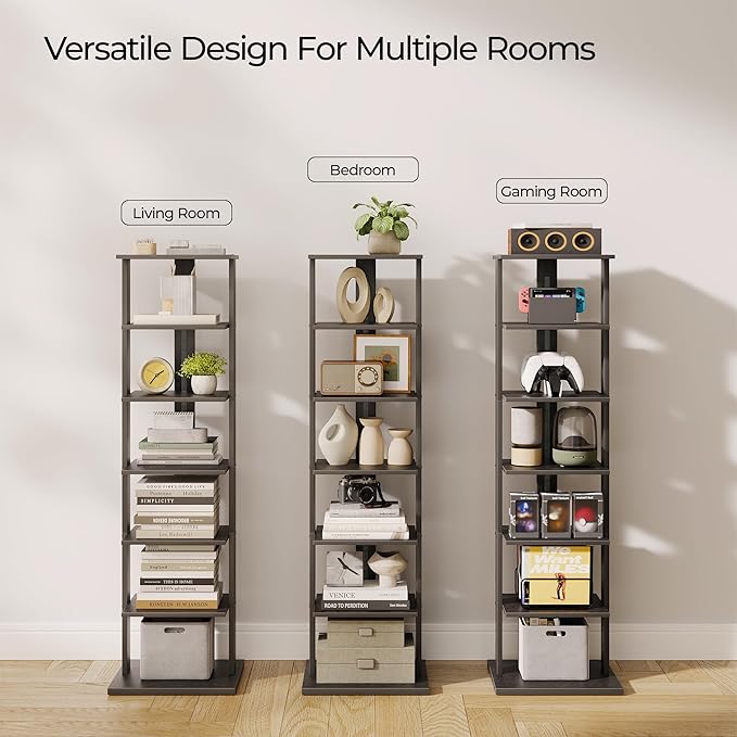 7-Tier Bookshelf, Narrow Bookcase with LED Lights, 47.2 Inch Book Shelf for Small Space, Display Storage Shelf for Living Room, Bedroom, Home Office, Study, Black