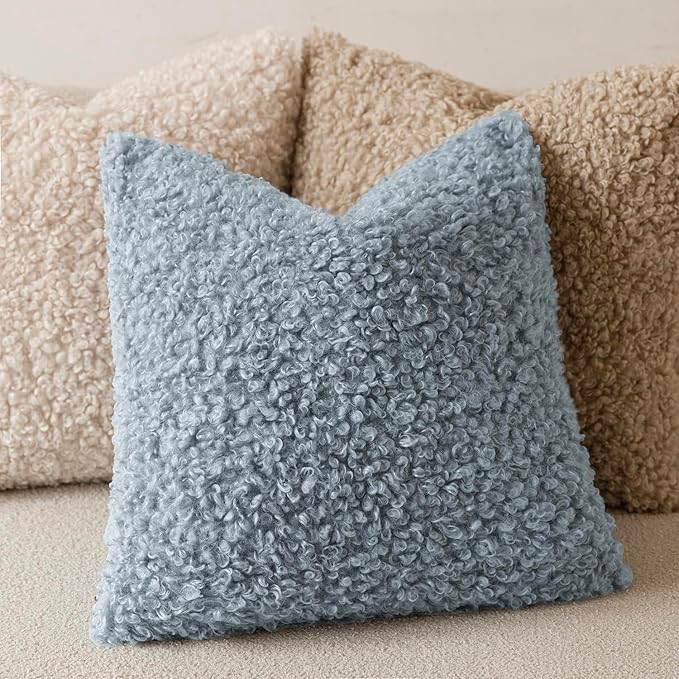 Foindtower 2 Pieces 18x18 Inch Misty Blue,Faux Fur Throw Pillow Cover Accent Sherpa Furry Pillow Covers Fuzzy Soft Pillowcases Cozy Sheepskin Decorative Fleece Cushion Case for Bed Couch Living Room