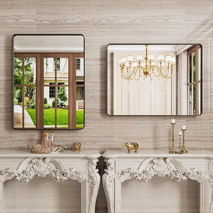 Black Bathroom Mirror 20X30 Inch, Black Metal Framed Mirror for Wall, Rounded Rectangle Matte Bathroom Vanity Mirror with Tempered Glass, Anti-Rust, Horizontal/Vertical