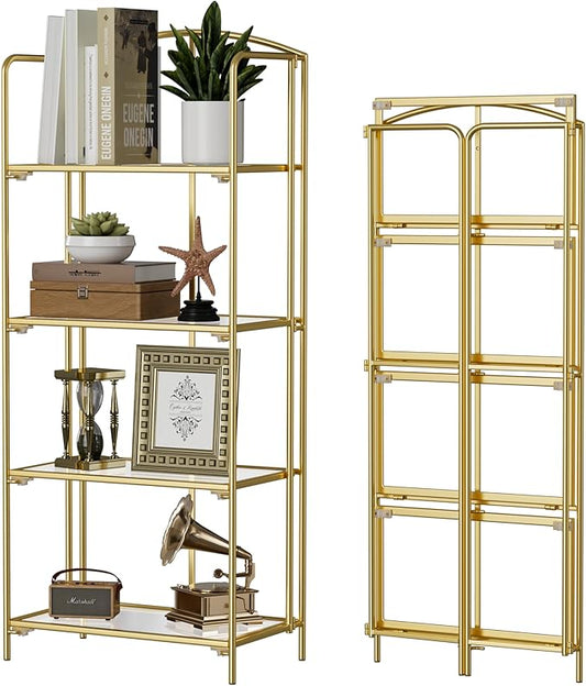 Crofy No Assembly Folding Bookshelf for Living Room, 4 Tier Gold Collapsible Book Shelf for Home Office, Portable Bookcase Storage Organizer