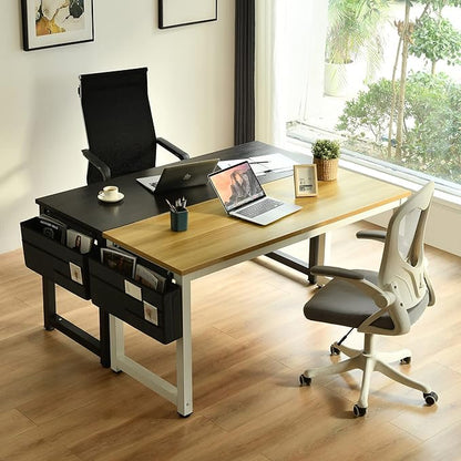 Large Computer Desk - 63 Inch Home Office Desks Study Student Writing Table Gaming Desk Wood Modern Simple Table with Storage Bag & Headphone Hooks, Rustic White