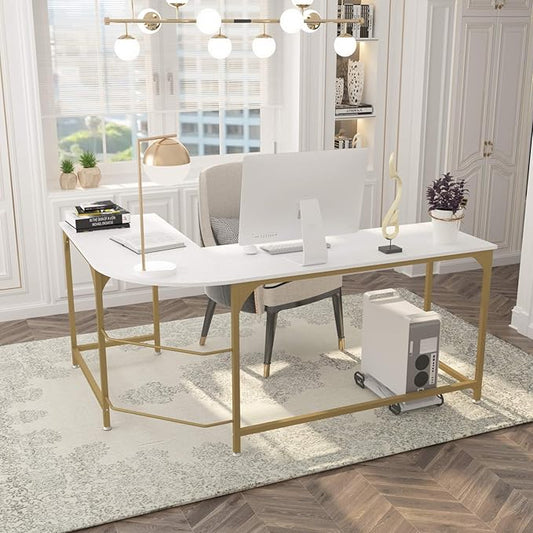 Teraves Reversible L Shaped Desk White - 57.9" Corner Gaming Computer Desk, Office Workstation Modern Home Study Writing Wooden Table