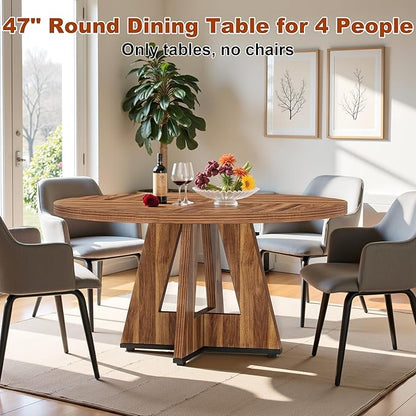 Round Dining Table for 4, 47 Inch Dinner Table Farmhouse Wooden Circle Kitchen Tables with Cross Base for Dining Room, Kitchen, Living Room, Vintage Brown