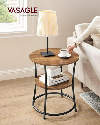 VASAGLE Side Table, 2-Tier Round End Table, Nightstand with Steel Frame for Small Spaces, Living Room, Bedroom, Honey Brown and Ink Black