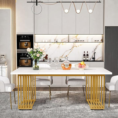 Tribesigns Modern Dining Table for 6-8 People, 70.8 Inches Long White Room Kitchen, Wood Kitchen with Gold Metal Legs, Rectangular Dinner Room, Family Gathering
