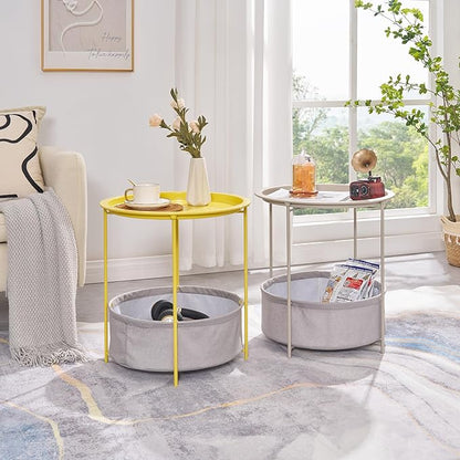 VECELO Round Side/End Table with Fabric Storage Basket，Metal Anti-Rust and Waterproof Small Bedside Nightstand with Removable Tray Top for Living Room，Balcony & Laundry，Grey /2pcs with Basket