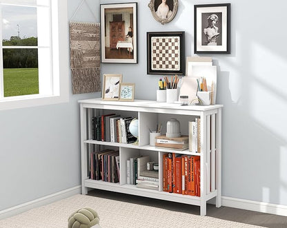 TaoHFE Horizontal Bookshelf - Modern Minimalist 2-Tier Book Shelf with Storage, Short Wide Wood Bookshelf for Classroom, Office, Living Room or Study, White