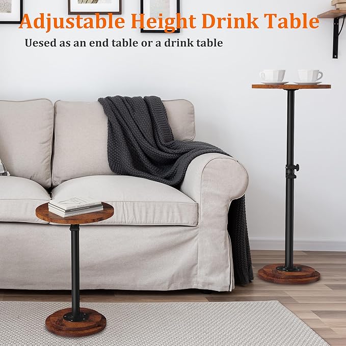 Drink Table, Small Round Side Table - 360° Swivel Height Adjustable for Small Spaces, Pedestal Martini Table for Sofa Couch, Living Room, Bedroom, Vintage