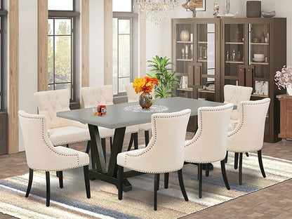 East West Furniture V697FR102-9 9 Piece Dining Room Set Includes a Rectangle Kitchen Table with V-Legs and 8 Light Beige Linen Fabric Upholstered Parson Chairs, 40x72 Inch, Multi-Color