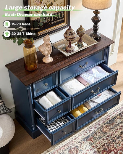 Farmhouse 6 Drawers Dresser for Bedroom with Charging Station, Wood Country Rustic Storage Dressers Organizer, Vintage Design