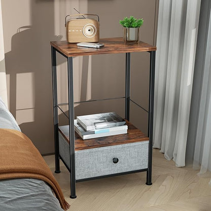 Record Player Stand with Vinyl Storage, 2-Tier Record Shelf Table with Fabric Drawer, Holds Up to 60 Vinyl Records, Record Player Table for Turntable and Albums, 15.75"D × 11.81" W× 25.59"H