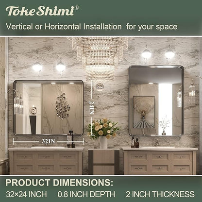TokeShimi 24 x 32 Inch Black Mirror Wall Mirror for Bathroom Black Metal Frame Decorative Rectangular Wall Mounted Home Decor Corner Hangs (Horizontal/Vertical) Living Room Entryway