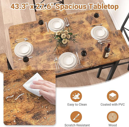 5-Piece Dining Table Set, Dining Table Set for 4, Small Kitchen Table Set for 4, Wood Dining Room Table, with 4 Curved Backrest Chairs, Compact Dining Set for Small Spaces & Kitchen-Brown