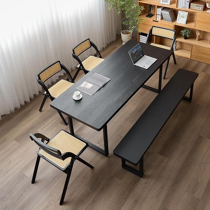 Modern Solid Wood Dining Table with Metal Base Stylish Durable Dining Room Table in Black Multiple Sizes Home Use Office Desk(55.12in)